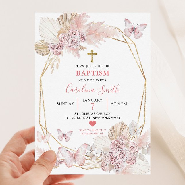 Minimalistisk boho  Rosa ros Butterfly Baptism Inbjudningar (Skapare uppladdad)