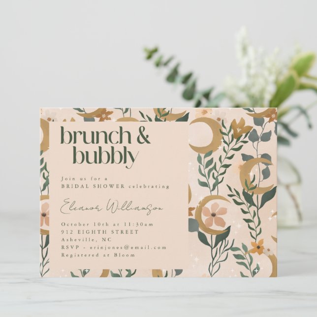 Minimalistisk Boho Rosé Blommig Måne Brunch Bubbly Inbjudningar (Stående Fram)