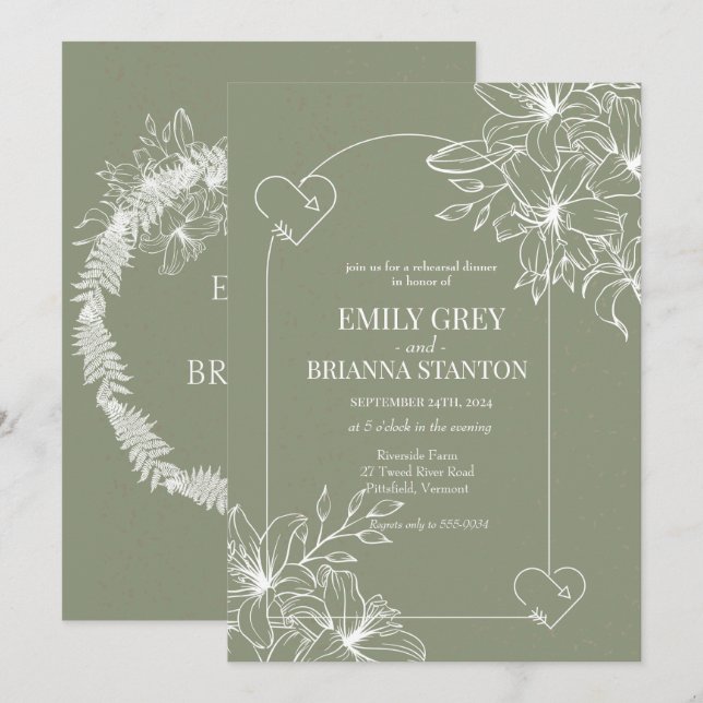 Minimalistisk Boho Sage Grönt Rehearsal Middag Inbjudningar (Fram/baksida)