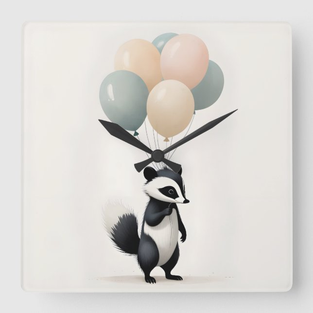 Minimalistisk Boho Skunk Ballonger Barnkammare Bar Fyrkantig Klocka (Framsida)