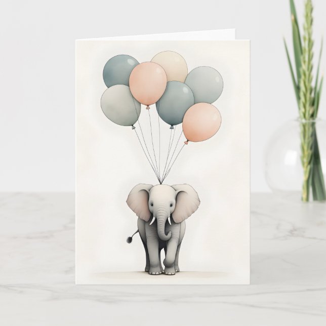 Minimalistisk Boho-stil Elefant med Ballonger Blan Kort (Framsida)