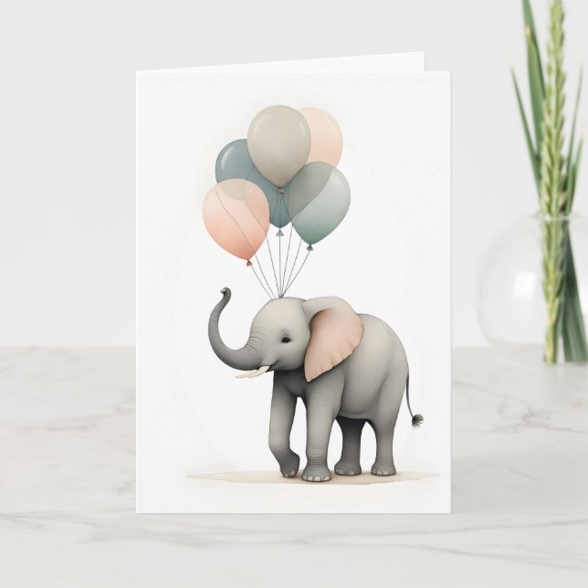 Minimalistisk Boho-stil Elefant med Ballonger Blan Kort (Framsida)