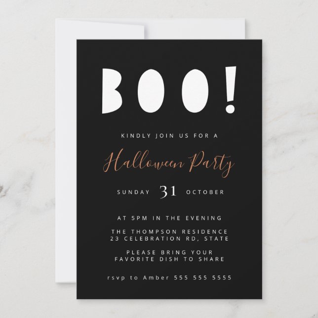 Minimalistisk Boo Halloween Black Party-inbjudan Inbjudningar (Framsida)