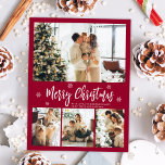 Minimalistisk Bordo White 4 Photo Collage-jul Vykort<br><div class="desc">Modern, Elegant, Burgundy och White 4 Photo Collage God jul Skriptkort för Helgdag. Den här festiva, imimalistiska, vimistiska 4 (4) fotokortsmallen innehåller en söt fotokollage, en snöflake och säger God jul! Texten "God jul" hälsning är skriven med ett vackert, vitt, färg-handskrivet typsnitt på vin-röd eller burgundisk bakgrund vid färg. Söt...</div>