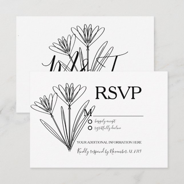 Minimalistisk botanisk blomlinjekonst bröllop RSVP Inbjudningar (Fram/baksida)