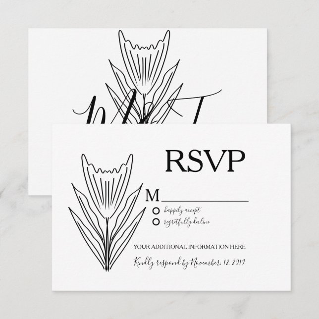 Minimalistisk botanisk blomlinjekonst bröllop RSVP Inbjudningar (Fram/baksida)