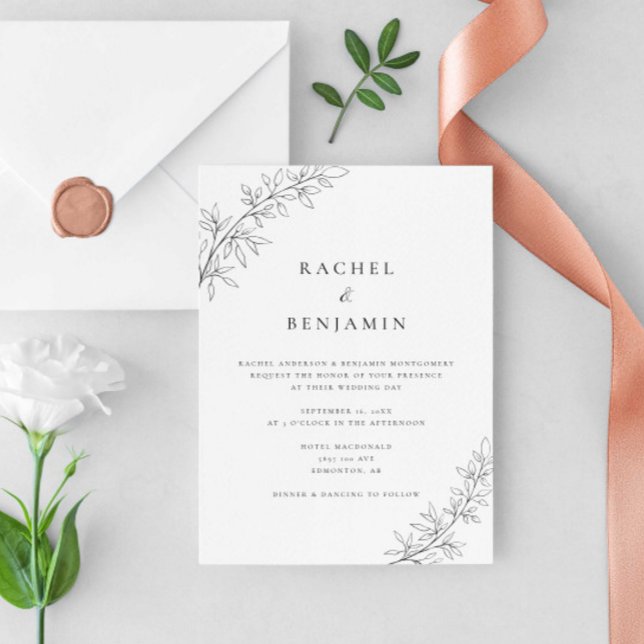 Minimalistisk botanisk bröllop elegant svart vit  inbjudningar (Skapare uppladdad)