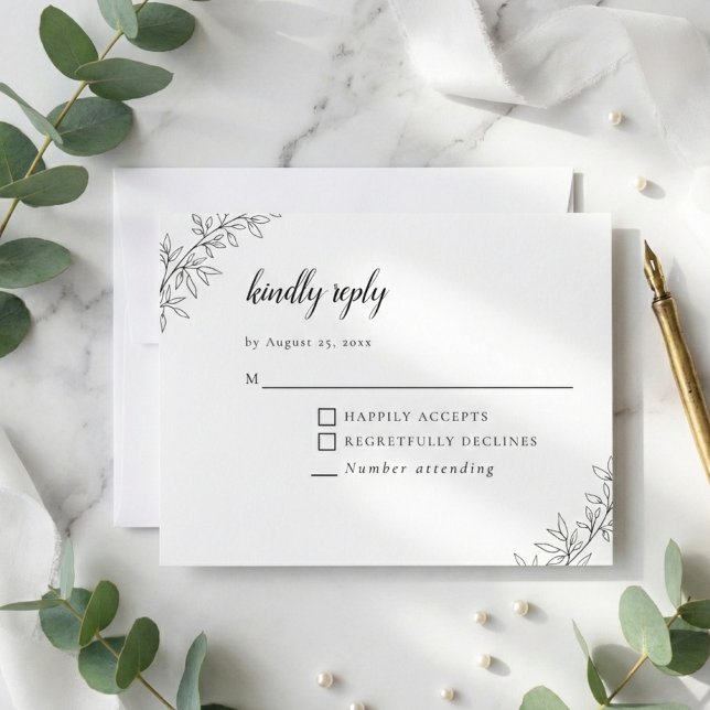 Minimalistisk botanisk bröllop elegant svart vitt  OSA kort (Skapare uppladdad)