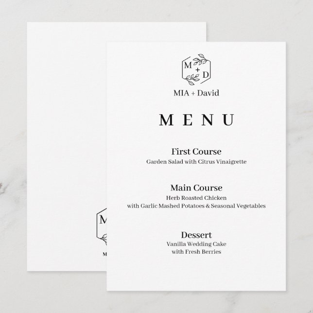 Minimalistisk Botanisk Elegant Monogram Bröllop Meny (Fram/baksida)
