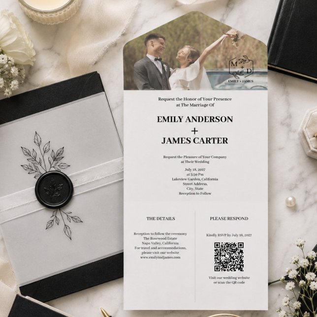 Minimalistisk Botanisk Fotografi Monogram Bröllop (Monogram Wedding All In One Invitation)