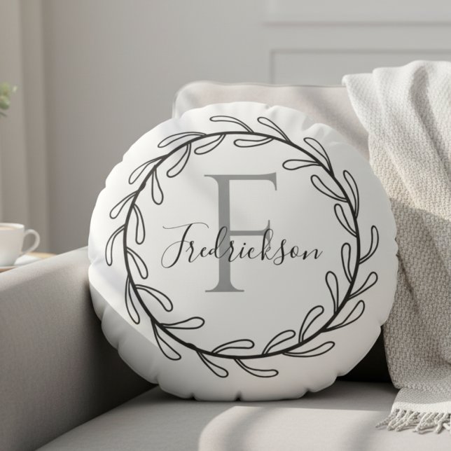 Minimalistisk Botanisk Krans Familjegåva Rund Kudde (Realtor Closing Gift Wreath Monogram Round Pillow)