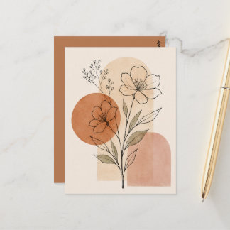 Minimalistisk botanisk linjekonsttryck | Boho blom Vykort