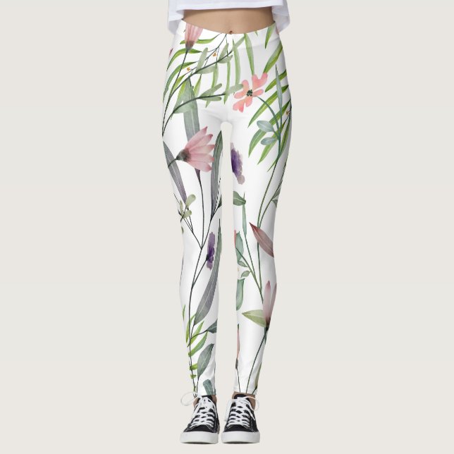 Minimalistisk botanisk löv och blomvit grönt leggings (Framsida)
