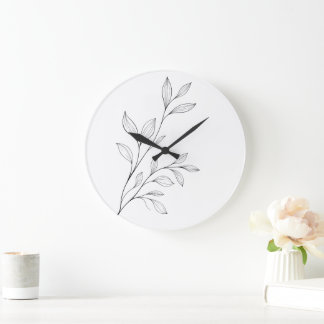 Minimalistisk botanisk svart linjekonst stor klocka