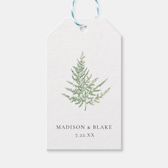 Minimalistisk botanisk vattenfärg Fern Bröllop Presentetikett (Framsidan)