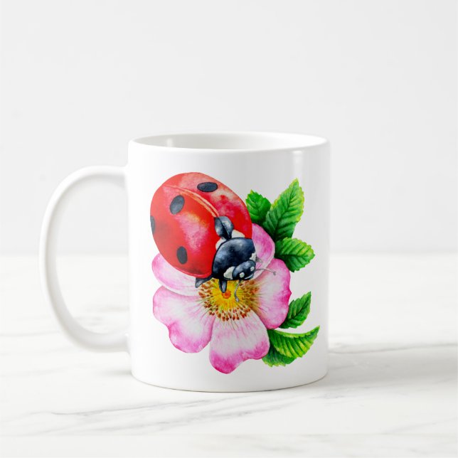Minimalistisk botanisk vattenfärg Ladybug Flower M Kaffemugg (Vänster)