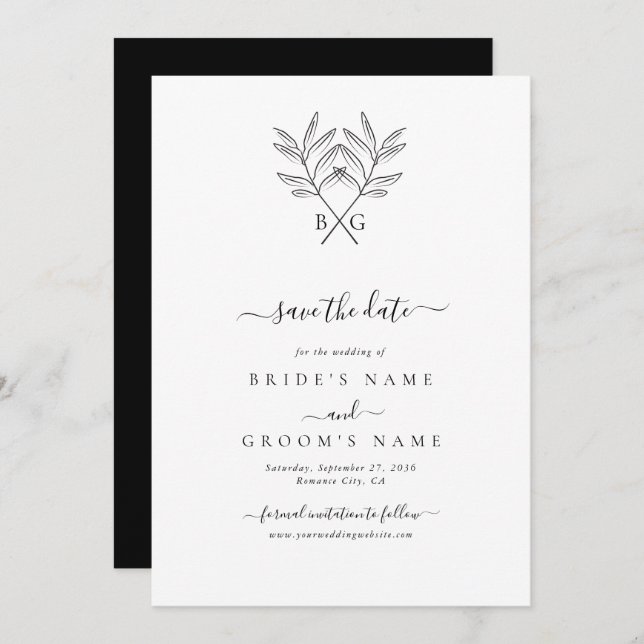 Minimalistisk botaniska Rustic Monogram Bröllop Spara Datumet (Fram/baksida)
