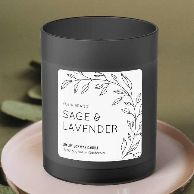 Minimalistisk botaniskt svartvitt-ljusmärke fyrkantigt klistermärke (Minimalist botanical candle label in black and white with fully editable text, colors and layout)