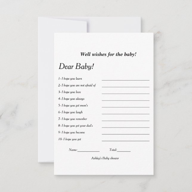 Minimalistisk bra önskemål för babyduschspelet inbjudningar (Framsida)