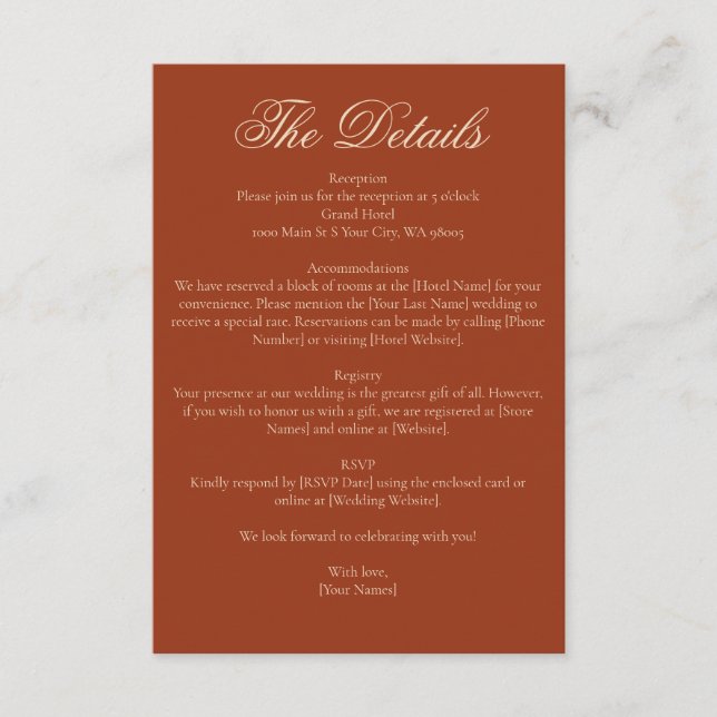 Minimalistisk bränd orange rost terrakotta bröllop tilläggskort (Framsida)