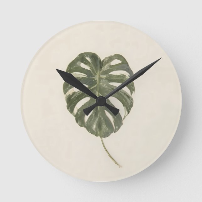 Minimalistisk brokig Monstera-blad modern krukväxt Rund Klocka (Framsida)