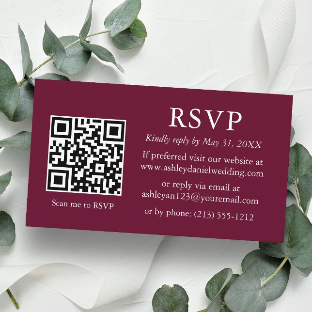 Minimalistisk Bröllop Burgundy QR-OSA Tilläggskort (Customize to change text style, size, background color or add more text or a photo to back of card.)