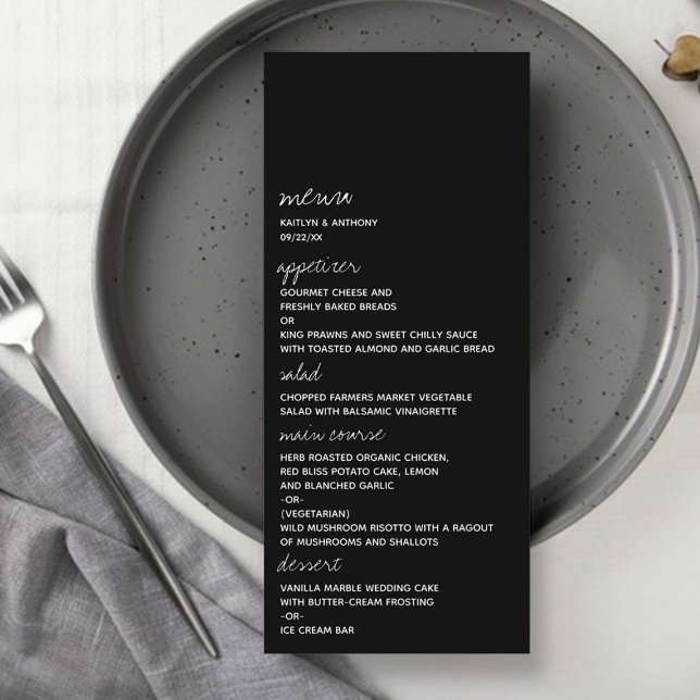 Minimalistisk Bröllop-meny för svartvitt skript Reklamkort (Skapare uppladdad)