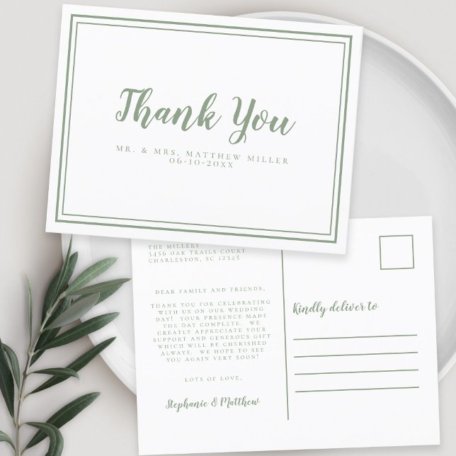 Minimalistisk bröllop tack meddelande Sagegrön Vykort (Minimalist Wedding Thank You Message Sage Green Postcard)
