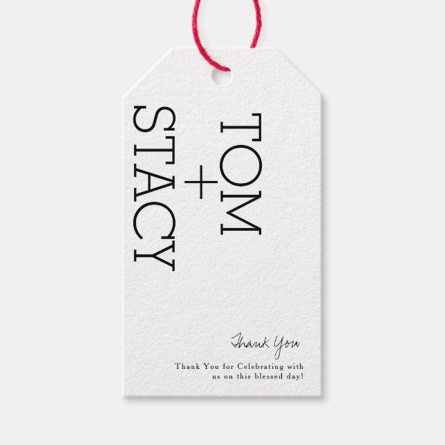 Minimalistisk bröllop tack svart vit typografi presentetikett (Framsidan)