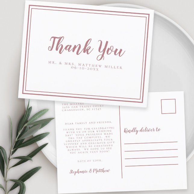 Minimalistisk Bröllop Tacksamhetsmeddelande Modern Vykort (Minimalist Wedding Thank You Message Modern Pink Postcard)