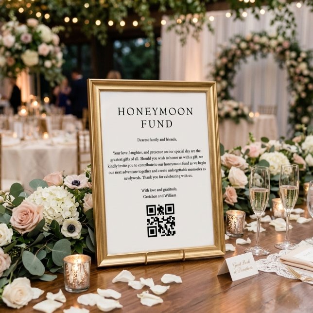 Minimalistisk bröllops- och smekmånadsfond QR-skyl Poster (Minimalist Wedding Honeymoon Fund QR Sign)