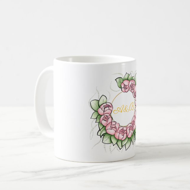 Minimalistisk bröllopsdagsmugg med peonikrans - Pe Kaffemugg (Framsida vänster)