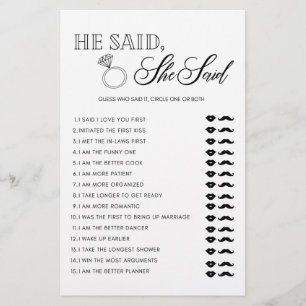Minimalistisk bröllopsduschspel 'Han sa hon sa' Flygblad