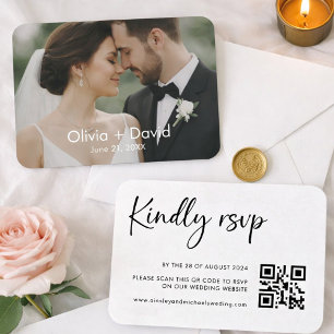 Minimalistisk bröllopsfoto och skript RSVP-design Visitkort