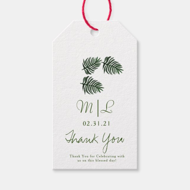 Minimalistisk bröllopshand vattenfärg palm grönska presentetikett (Framsidan)