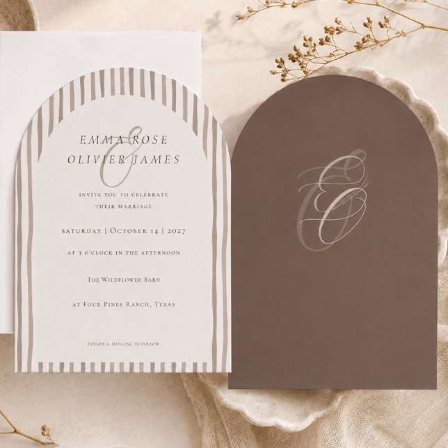 Minimalistisk bröllopsinbjudan i kakaobrun med val inbjudningar (Minimalist Cocoa Brown Arch Wedding Invitation)