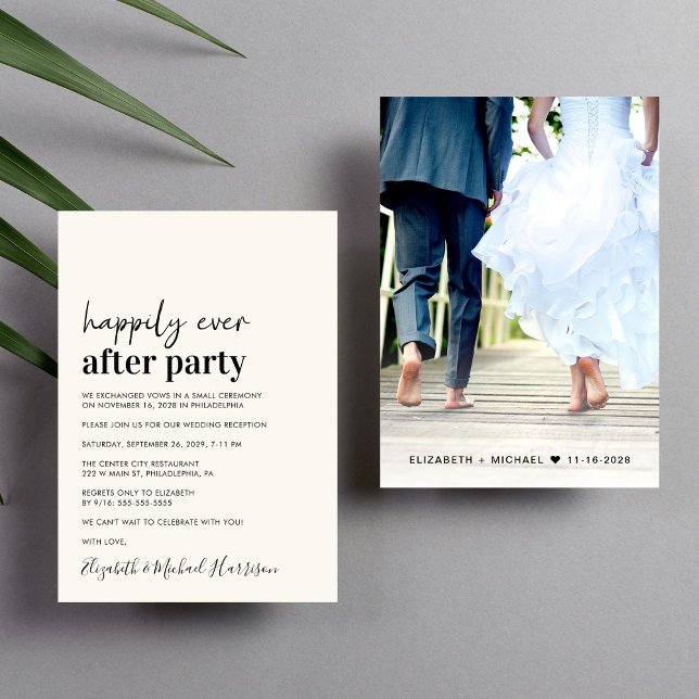 Minimalistisk bröllopsinbjudan i krämfärg för foto meddelande (An chic Happily Ever After Party invitation for your wedding celebration)