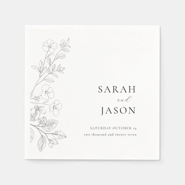 Minimalistisk bröllopsinbjudan med blommotiv  pappersservett (Framsidan)