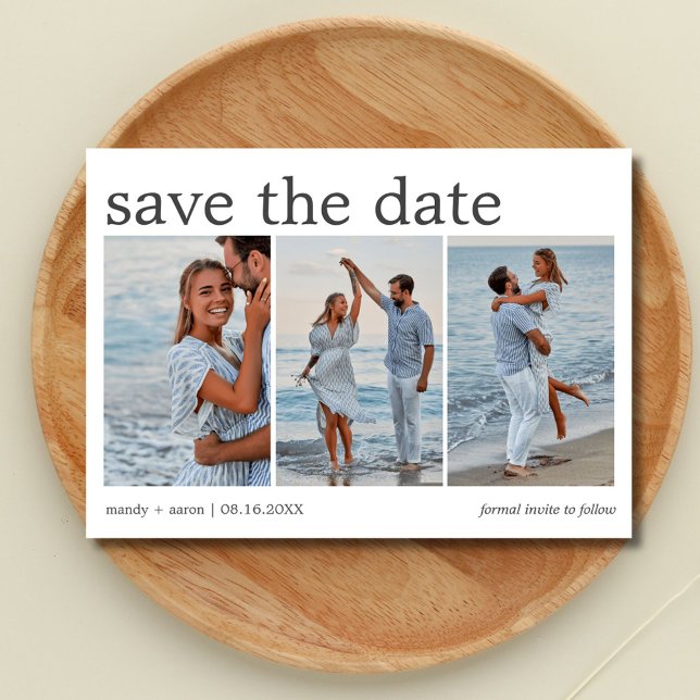 Minimalistisk bröllopsinbjudan med tre bilder  spara datumet (Minimalist Three Photo Wedding Save The Date)