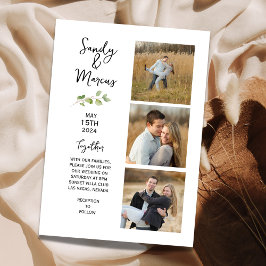 Minimalistisk bröllopsmeddelande med tre foton inbjudningar