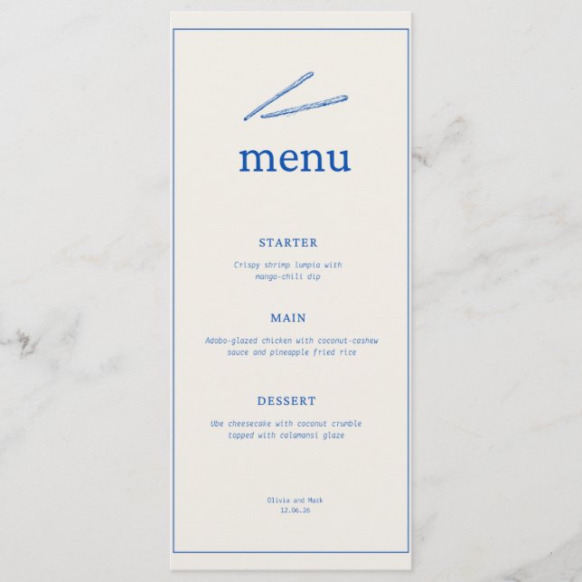 Minimalistisk Bröllopsmeny – Elegant Blå Typografi Meny (Framsida)