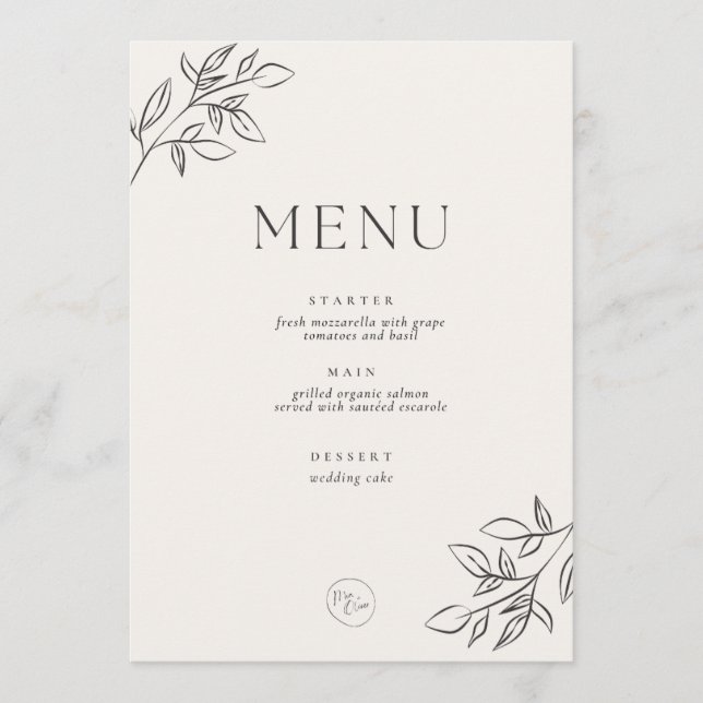 Minimalistisk Bröllopsmeny – Elegant Botanisk Beig Meny (Framsida)
