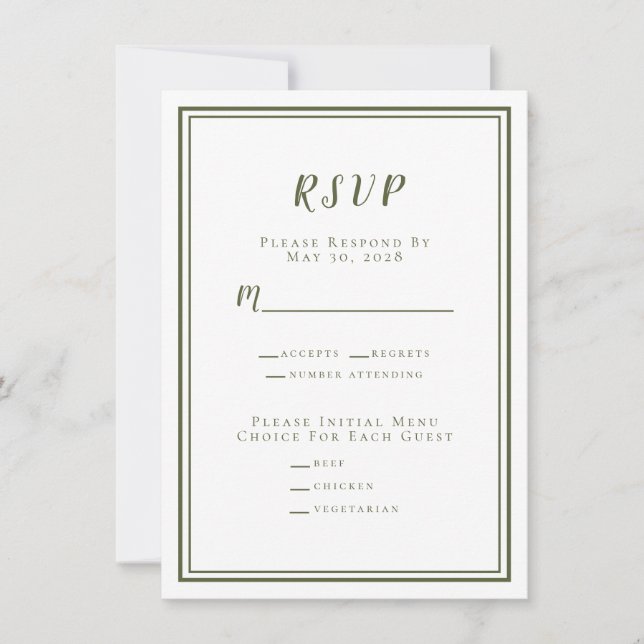 Minimalistisk bröllopsmeny Olivgrön Enkel RSVP (Framsida)