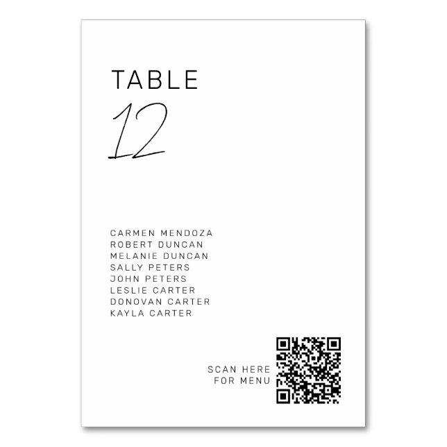 Minimalistisk Bröllopsplatskarta QR Modern Bordsnummer (Framsidan)