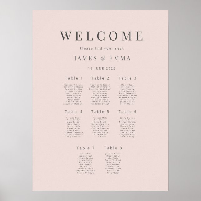 Minimalistisk bröllopsställplan (8) Varm rosafärg Poster (Framsidan)