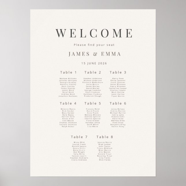 Minimalistisk bröllopsställplan (8) Varm vit Poster (Framsidan)