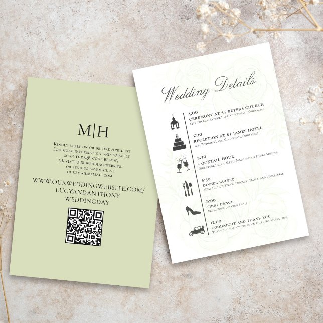Minimalistisk bröllopstidslinje QR-kod Detaljerad  Tilläggskort (Clean wedding timeline card with QR code for quick access to event details.)