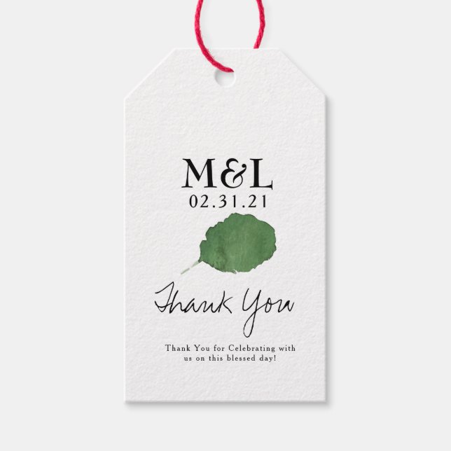 Minimalistisk bröllopsvattenfärg botanisk blad presentetikett (Framsidan)