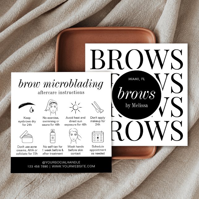 Minimalistisk Brows Lamation Microblading AEfterca Fyrkantigt Visitkort (Brows microblading & lamination aftercare instructions cards with icons)