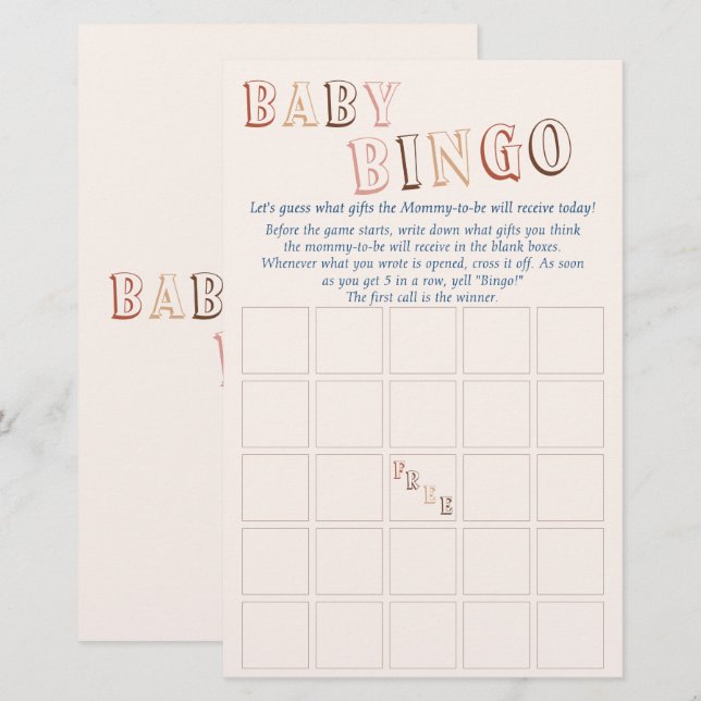 Minimalistisk Brun Modern Könsneutral Baby Bingo (Fram/baksida)